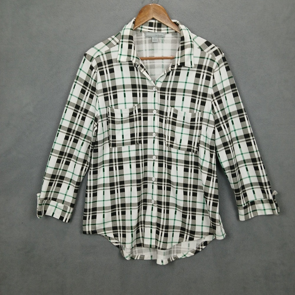 By Design Flannel Shirt Womens Large White Black Plaid Roll Tab Sleeve Button Up